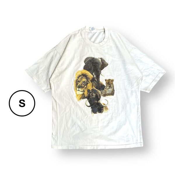 アメリカ古着 アニマルプリントTシャツ ライオン タイガー エレファント ホワイト 白 半袖Tシャツ