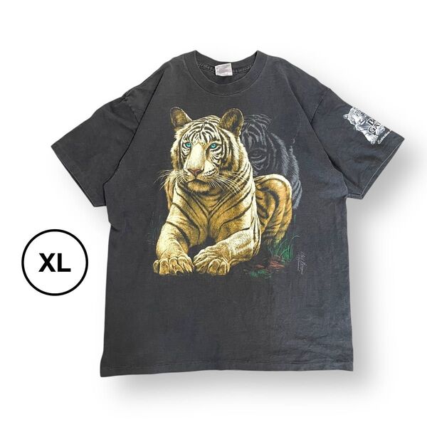 アメリカ古着 アニマルプリントTシャツ タイガー 虎 フェードブラック XL ヴィンテージ 半袖 Tシャツ