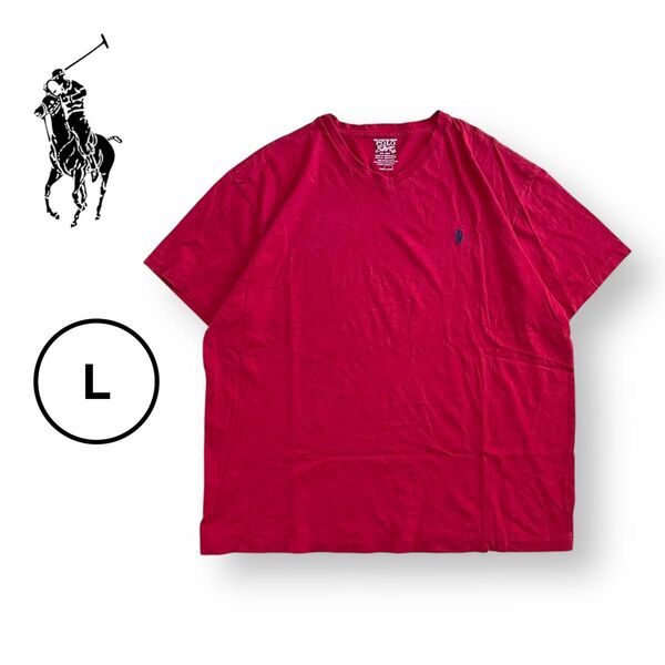 ポロ ラルフローレン ワンポイントロゴ VネックTシャツ ポニー 大きめサイズ 半袖 L POLO レッド 赤 古着