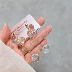 クリアオーロラ鈴丸×チェーン鈴丸ピアス イヤリング ハンドメイド