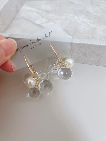 クリア鈴丸×パール鈴丸フックピアス イヤリング ハンドメイド