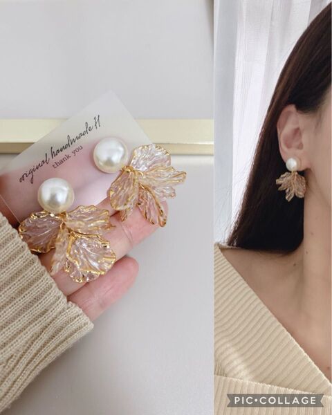 再販ぷっくりパール×クリアゴールドデザイン花びらピアス イヤリング ハンドメイド