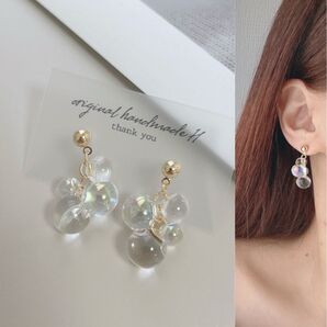 クリアオーロラ鈴丸ちゅるんピアス イヤリング ハンドメイド