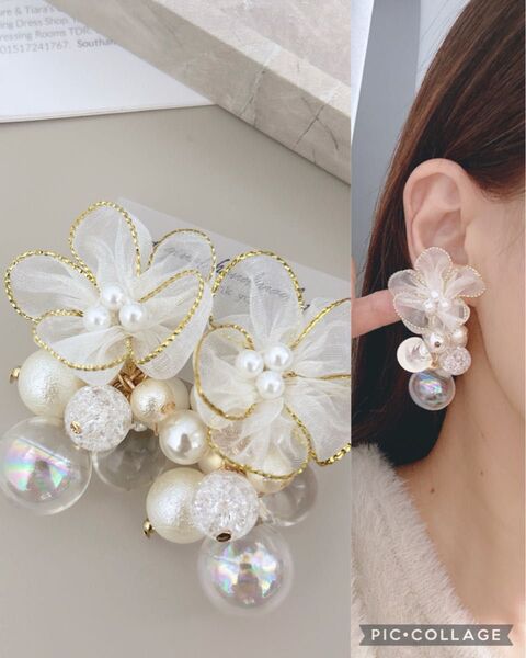 再販シフォンフラワー×じゃらじゃらパールクリアピアスイヤリング ハンドメイド