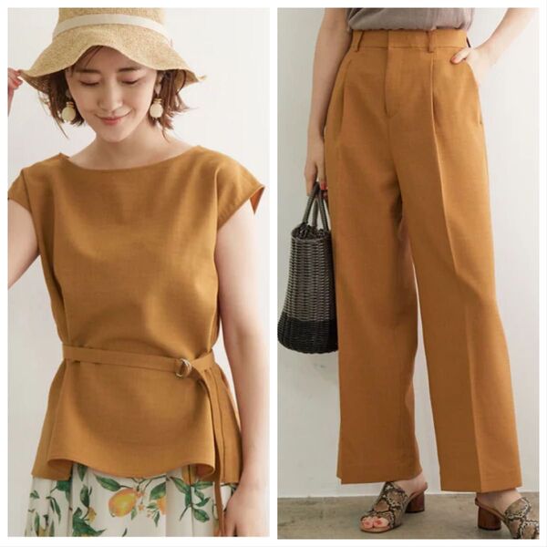 極美品 麻調フレンチブラウス タックワイドパンツ セットアップ キャラメル M ロペピクニック