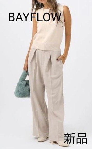 BAYFLOW☆ダブルタックワイドパンツ☆タグ付き新品/グレージュ/サイズМ相当