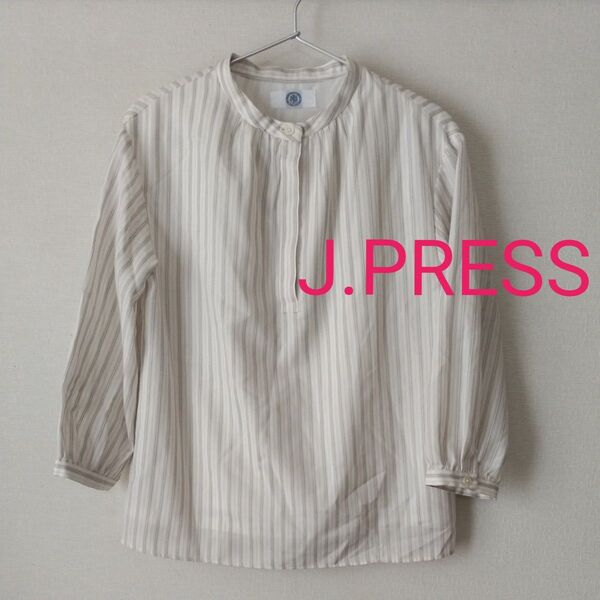 【ジェイプレス】M 白 ストライプ 長袖 プルオーバーブラウス J.PRESS 美品