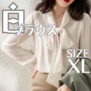 白ブラウス XL ホワイト シフォン フォーマル リボン オフィス 長袖 通勤 トップス