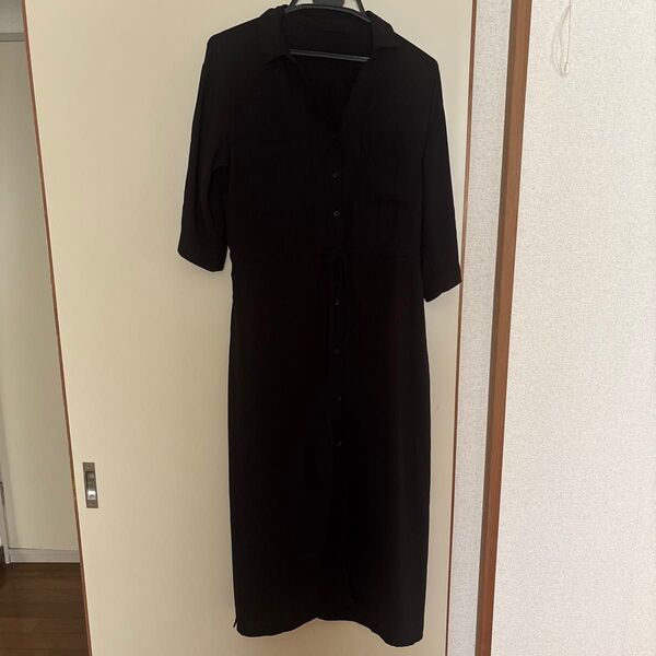 GU シャツワンピース 黒 ロングワンピース ウエストリボン Vネック 七分袖