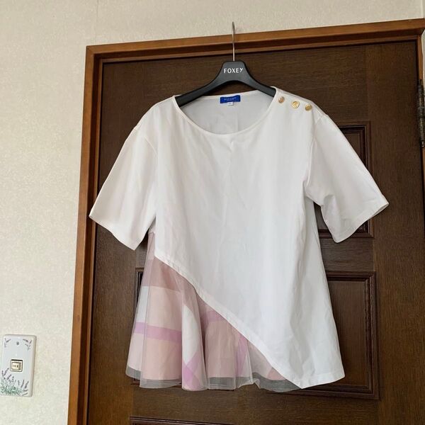 ブルーレーベルクレストブリッジ アシンメトリー Tシャツ カットソー シフォン シアー チェック