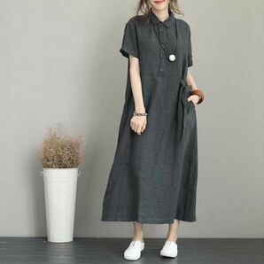 ワンピース ミモレ丈 半袖 シャツ かわいい グレー 3XL 体型カバー