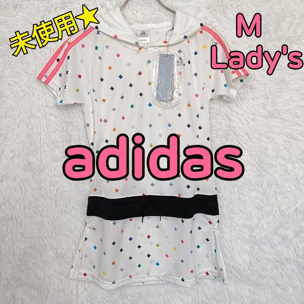 adidas アディダス ランニングウェア チュニック ワンピース 半袖 フード付き 白 × 総柄 3本ライン レディース M