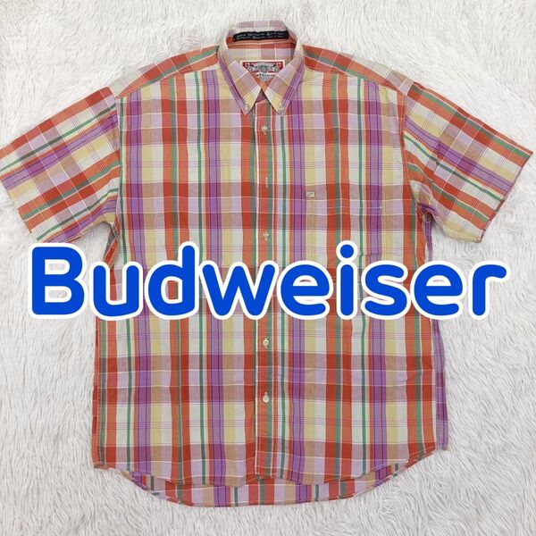 Budweiser バドワイザー シャツ 半袖 ボタンダウン チェック柄 ロゴボタン メタルパーツ付き メンズ M ゆったり