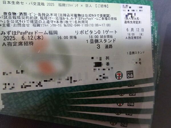 【6連番】6月12日(木) セ・パ交流戦 福岡ソフトバンクホークスvs巨人 A指定席 通路側から6枚連番