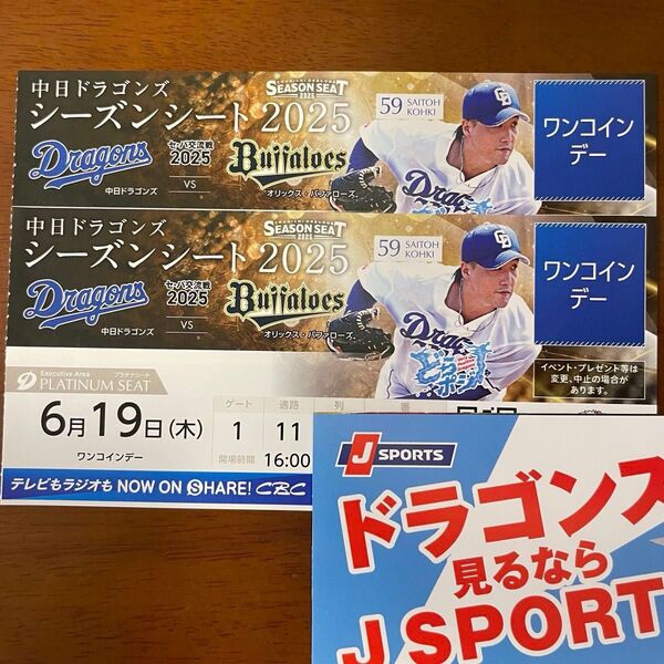 6月19日 中日ドラゴンズ 対 オリックス・バファローズ プラチナシート 交流戦
