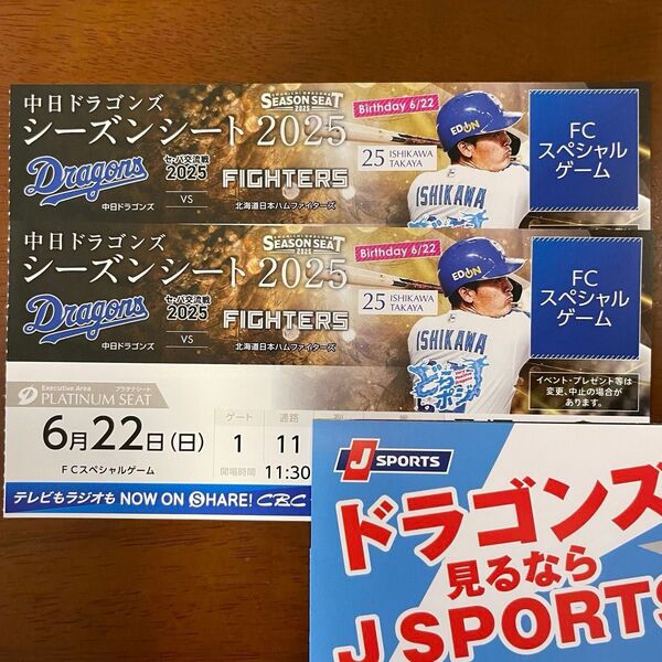 6月22日 中日ドラゴンズ 対 北海道日本ハムファイターズ プラチナシート 交流戦