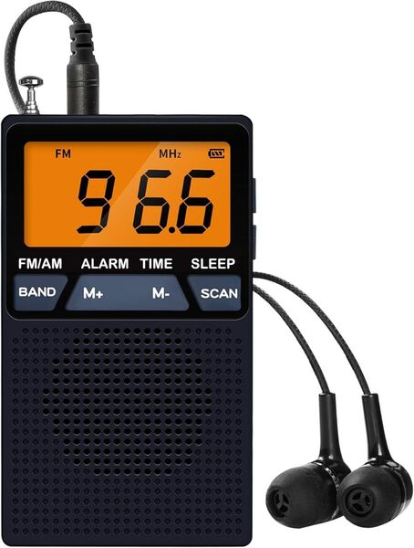 AM/FM高感度受信ポケットラジオ 単3型乾電池給電 スリープ機能付き ワイドFM対応小型 イヤホン付属する(日本語取説付き)