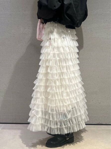 【即納】フリル チュール ロングスカート アイボリー チュールフリルティアードスカート 白 ホワイト マキシスカート 重ね着す