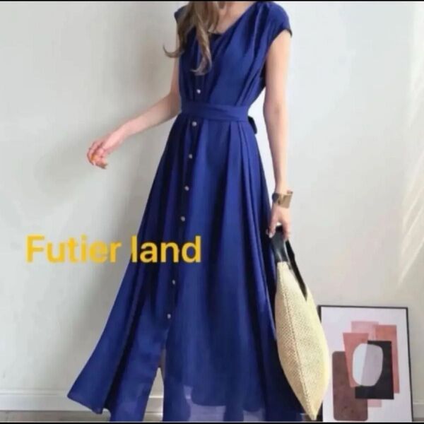 Futier land ノースリーブワンピース 青 ブルー Vネック 春夏 半袖ロング マキシ丈フレンチスリーブ
