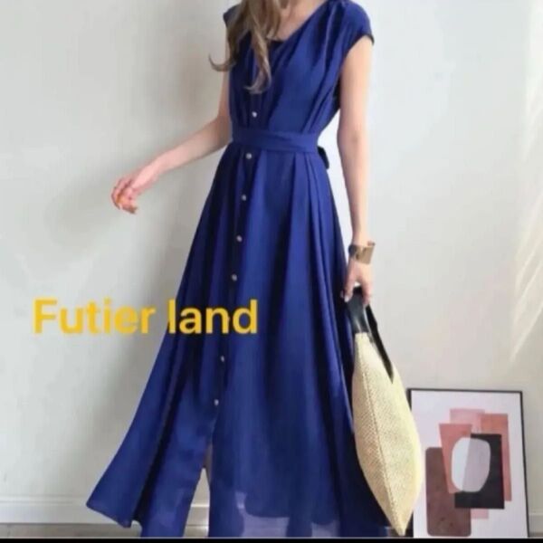 Futier land ノースリーブワンピース 青 ブルー Vネック 春夏 半袖ロング マキシ丈フレンチスリーブ