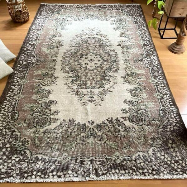 129×211 美品 ブラウン フローラルメダリオン トルコヴィンテージラグ