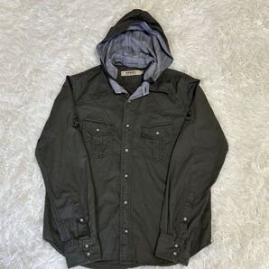 KANSAI JEANS フード付きシャツ カーキ サイズM 長袖 ミリタリーシャツ フード取外し可能