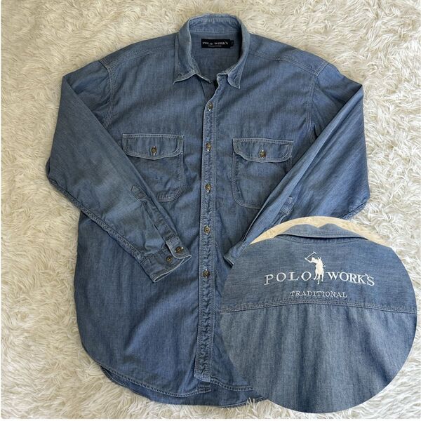 POLO WORK'S デニム 長袖シャツ Lサイズ バック ロゴ刺繍 古着 ポロワークス ワークシャツ アメカジ