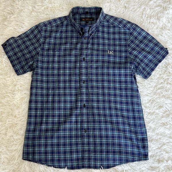 Ben Sherman 半袖シャツ グリーン ブルー チェック柄 サイズM ボタンダウンシャツ バックプリント ベン・シャーマン