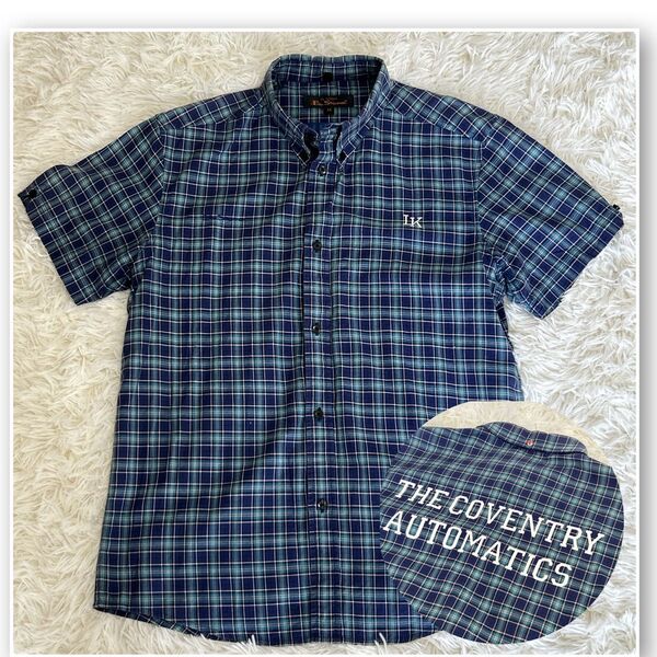 Ben Sherman 半袖シャツ グリーン ブルー チェック柄 サイズM ボタンダウンシャツ バックプリント ユニオンジャック