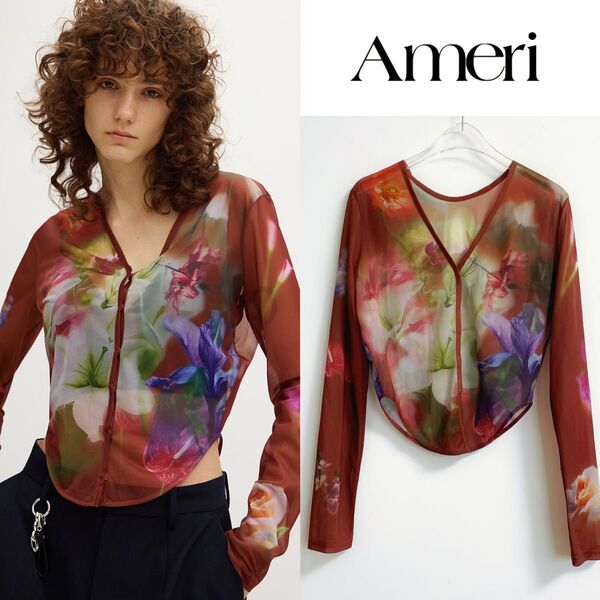 Ameri 2WAY SMOKE FLOWER SHEER TOP