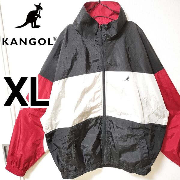 KANGOL 赤白 ナイロンジャケット カンゴール ブルゾン 男性XL しわ加工 ウィンドブレーカー アウター ゆるダボ