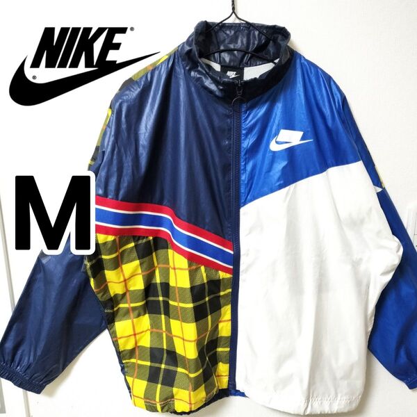 Nike NSW チェック柄 青M ナイキ スポーツウェア ウィンドブレーカー ナイロンジャケット ナイキ ユニセックス ゆるダボ