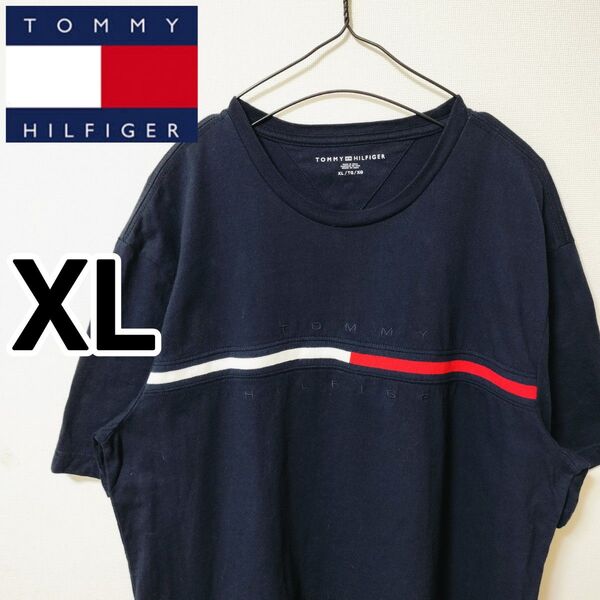 トミーヒルフィガー ネイビー 半袖Tシャツ 刺繍ロゴ 人気デザイン 男性XL プリント ハーフスリーブ 匿名配送 ユニセックス