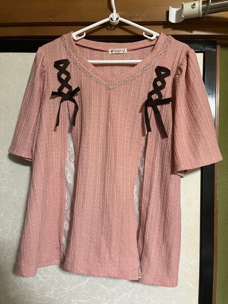 axes femme トップス ピンク レース リボン