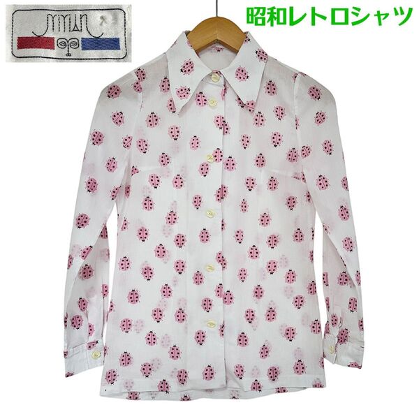 昭和レトロ 70’s てんとう虫 ピンク 柄シャツ ブラウス 薄手の長袖