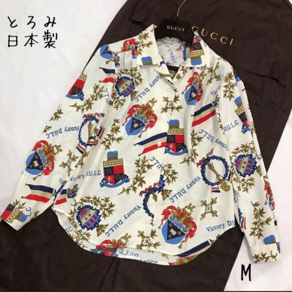 Cryseine レトロ とろみ ヨーロピアン スカーフ柄 長袖シャツ エンブレム柄 ゆったり M 日本製 総柄 昭和レトロ