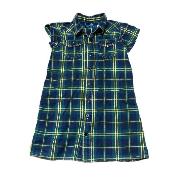 ワンピース 半袖ワンピース べべ 110cm グリーン×イエロー チェック BEBE シャツワンピ