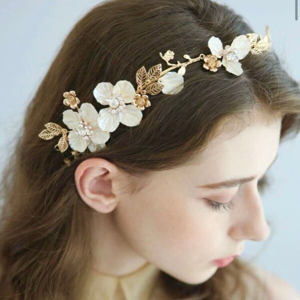 髪飾り 結婚式 成人式 卒業式 ウェディング 前撮り 浴衣 ヘアアクセサリー ヘッドドレス カチューシャ 花冠 花 ゴールド
