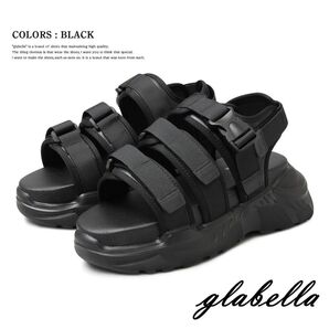 美品★glabellaグラベラ★超厚底7㎝UPチャンキーソール★ダッドサンダル ブラック ストラップサンダル ベルクロ