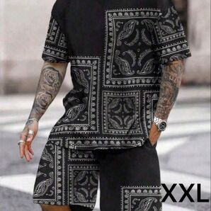 ペイズリー柄 セットアップ パーカー ショートパンツ Tシャツ ラフ 部屋着 XXL
