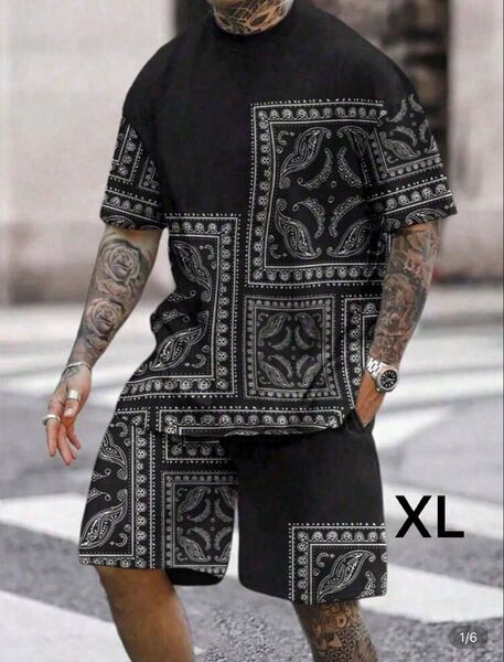 ペイズリー柄 セットアップ スウェット パーカー ショートパンツ Tシャツ ラフ 部屋着 XL