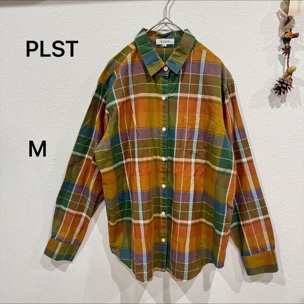 PLST チェックシャツ マルチカラー トップス コットンシャツ リネン混