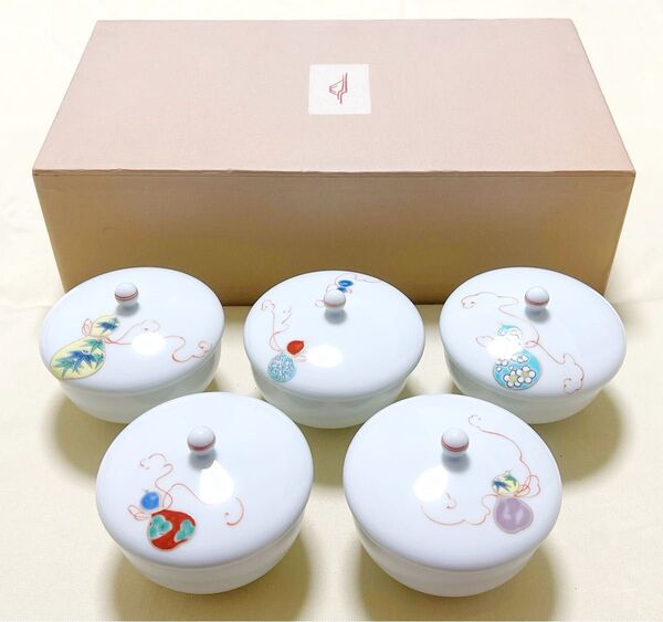 美術有田焼 深川製磁 絵変わり 花ひょうたん瓢箪 蓋付湯呑5客セット 汲出碗揃