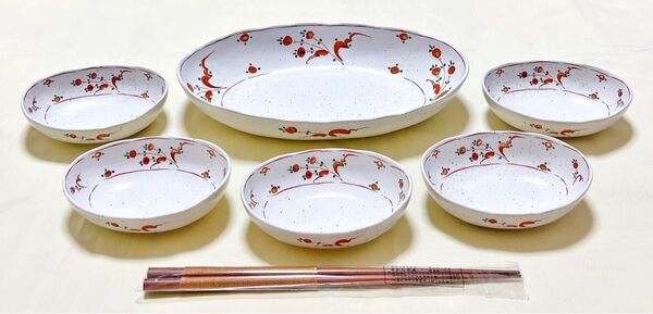 未使用 たち吉橘吉 赤絵花柄 オ-バル型 大鉢&小鉢5個&天然木箸 取り鉢揃