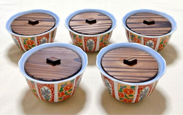 未使用 有田焼 清風作 染錦花柄 木の蓋付き小鉢 煮物碗 茶碗蒸し器5個セット