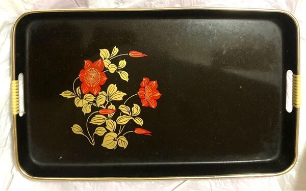 本塗特選 高級漆器 長手お盆 昭和レトロ トレイ 花絵柄 桔梗? お盆 来客用 お客様 漆芸 アンティーク 匿名配送 送料無料
