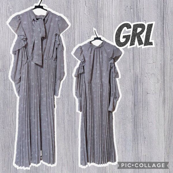 【GRL】花柄オープンショルダーフリルバックリボンプリーツワンピース ワンピース 花柄 ロング マキシ丈