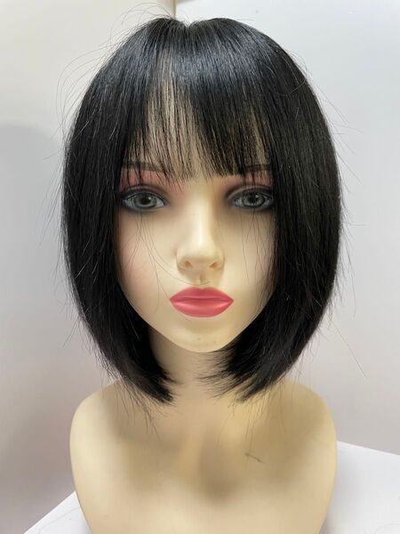 フルウィッグ人毛100%人毛ウィッグ医療ウィッグボブショートストレート広い頭皮 ナチュラルブラック