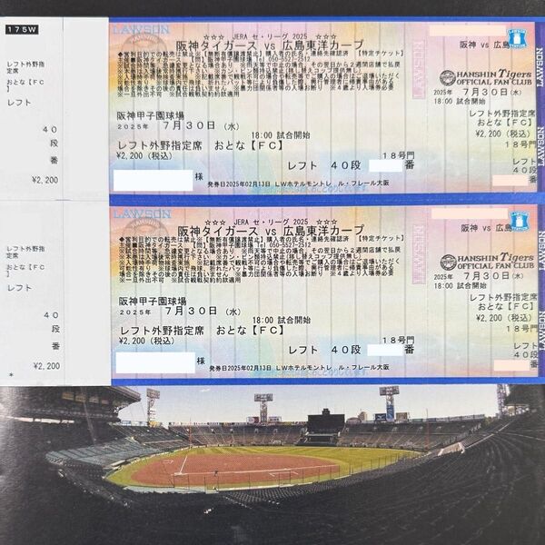 阪神タイガース 7月30日(水) 甲子園 レフト外野指定席 ペアチケット VS広島東洋カープ
