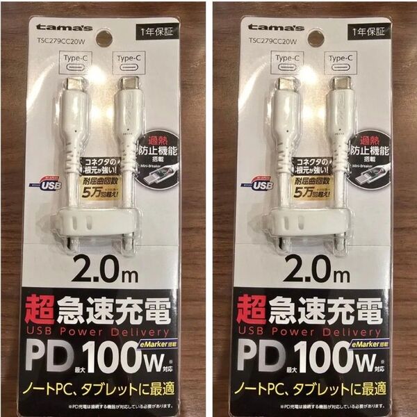 多摩電子工業 結束バンド付 PD100W CtoC 2m 過熱防止 Type-C ケーブル 2個セット